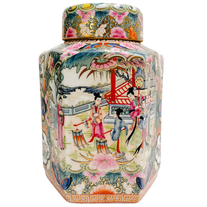 Pair of Famille Rose Medallion Hexagonal Jars