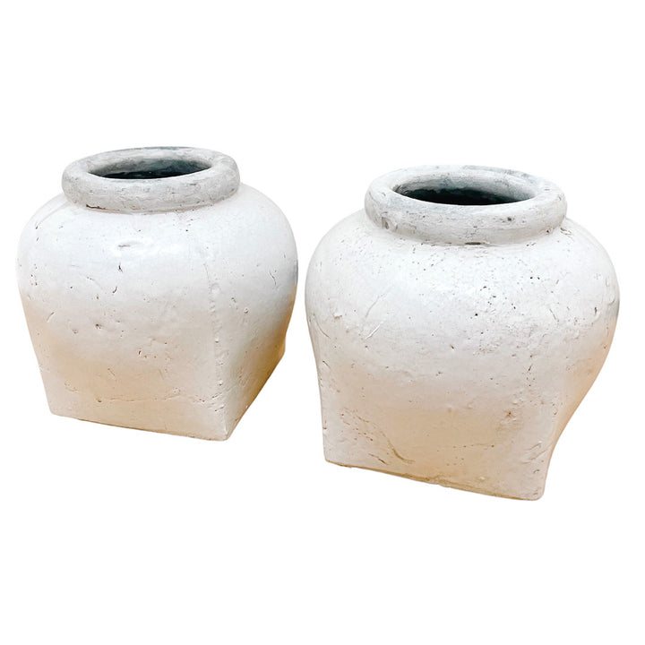 Pair of Farmhouse Distressed White Glazed Clay Vases