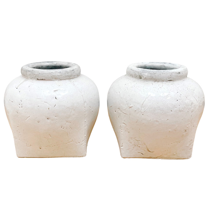 Pair of Farmhouse Distressed White Glazed Clay Vases