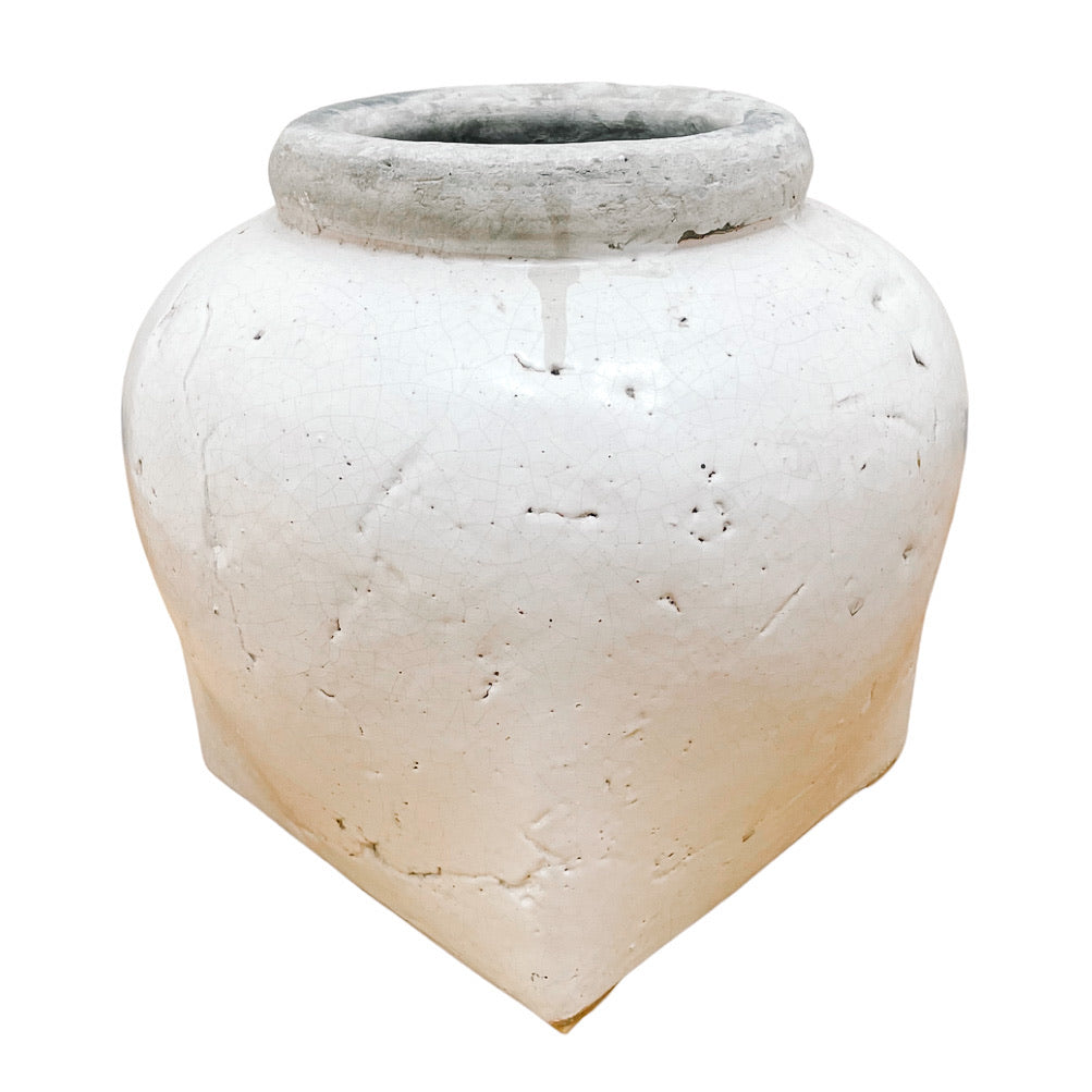 Pair of Farmhouse Distressed White Glazed Clay Vases