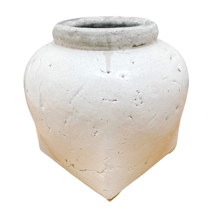 Pair of Farmhouse Distressed White Glazed Clay Vases
