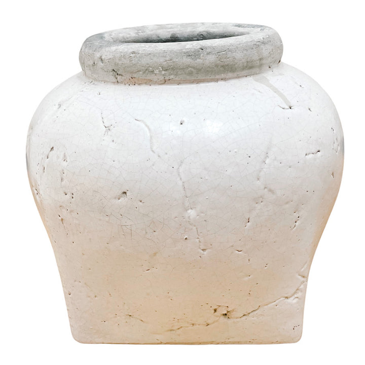 Pair of Farmhouse Distressed White Glazed Clay Vases