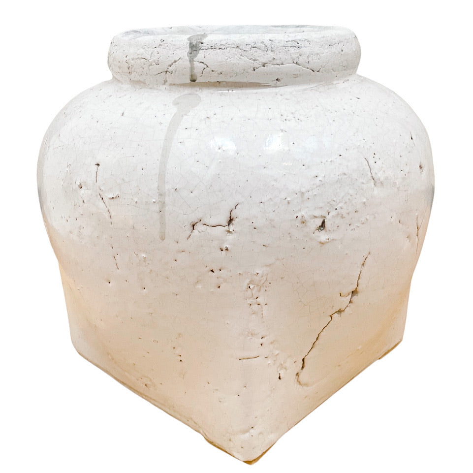 Pair of Farmhouse Distressed White Glazed Clay Vases