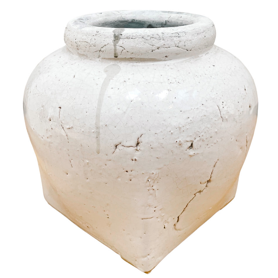 Pair of Farmhouse Distressed White Glazed Clay Vases