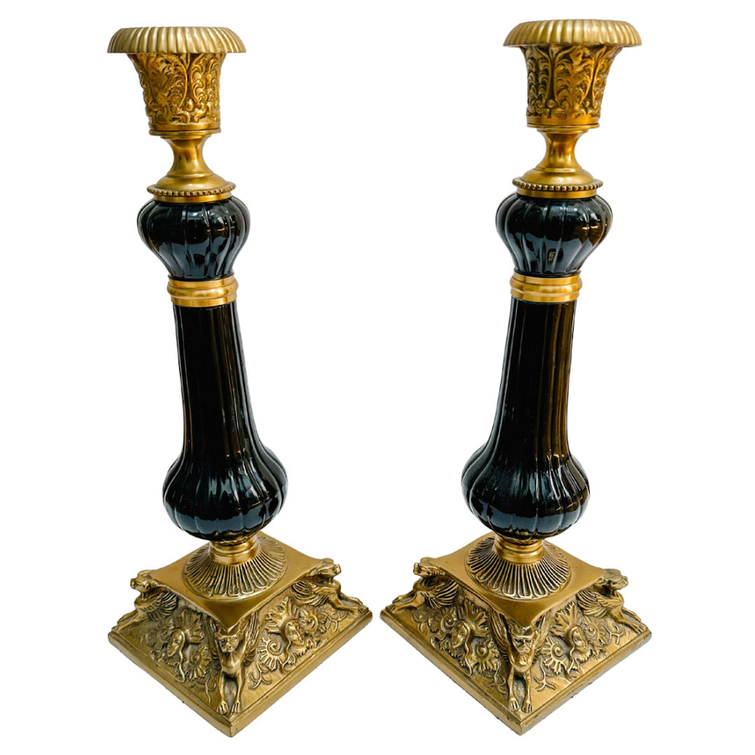 Pair of French Empire Gilt Steel and Japanned Metal Candlesticks