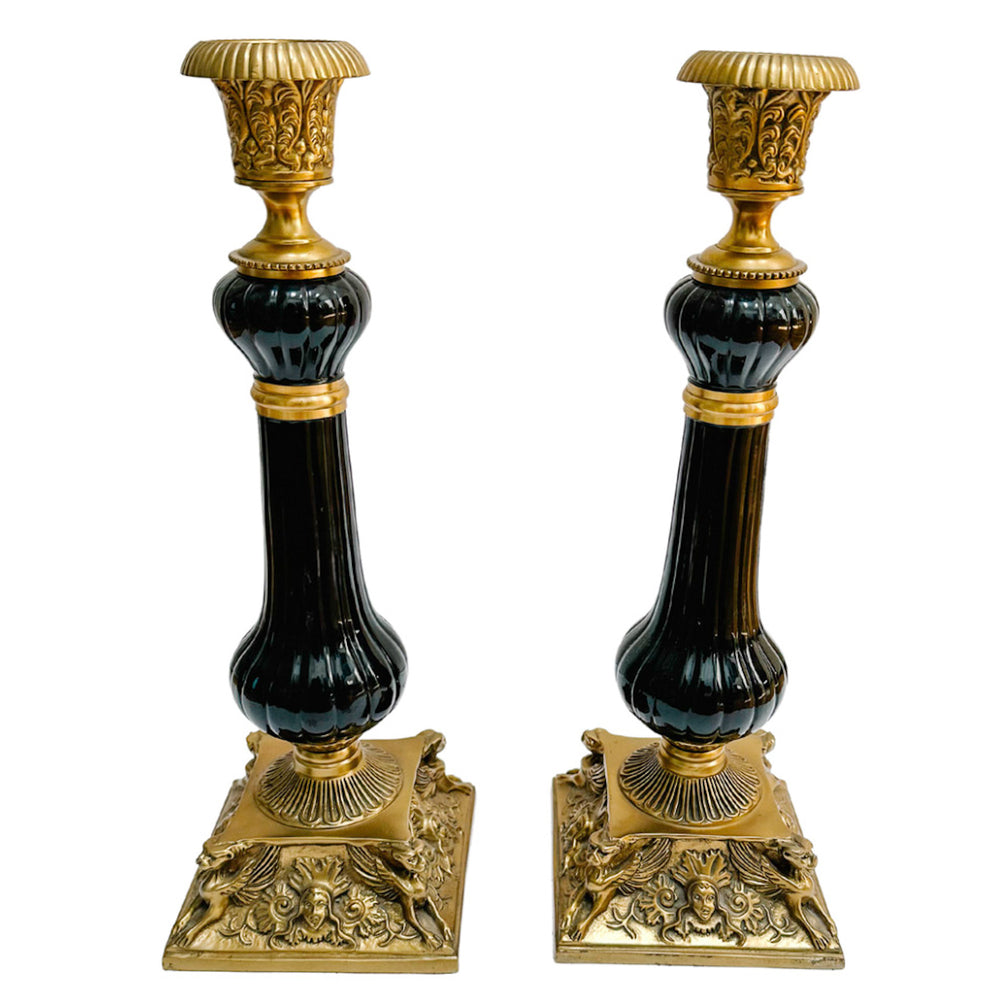 Pair of French Empire Gilt Steel and Japanned Metal Candlesticks