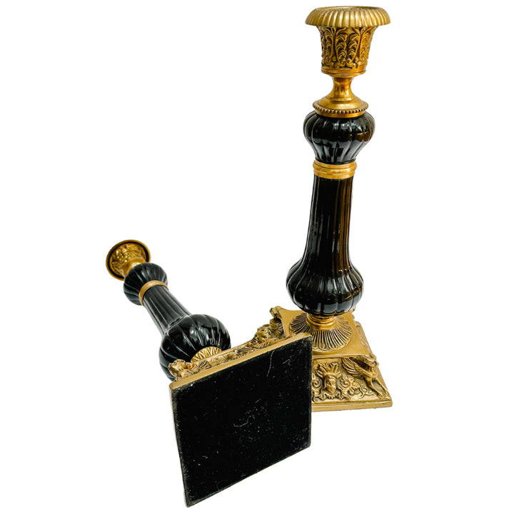 Pair of French Empire Gilt Steel and Japanned Metal Candlesticks