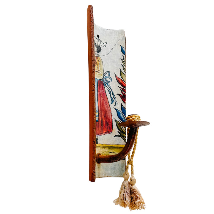 Pair of French Provincial Terracotta Tile Candle Sconces With Breton Folk Figures