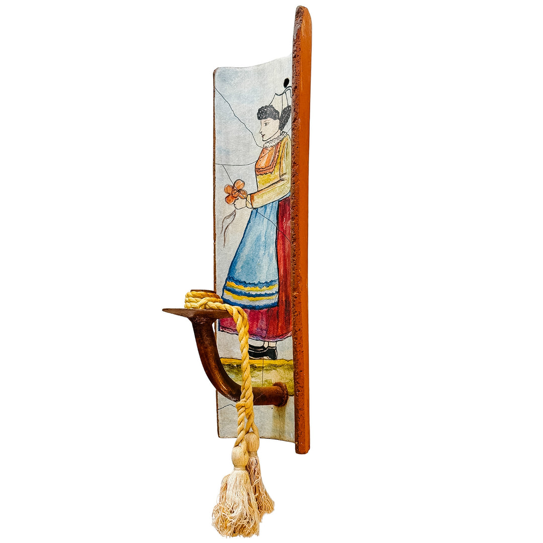 Pair of French Provincial Terracotta Tile Candle Sconces With Breton Folk Figures