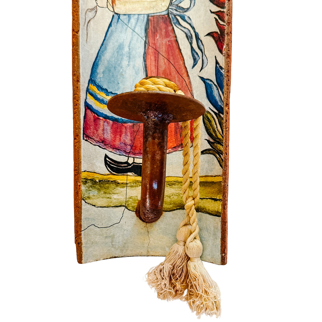Pair of French Provincial Terracotta Tile Candle Sconces With Breton Folk Figures