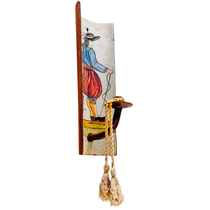 Pair of French Provincial Terracotta Tile Candle Sconces With Breton Folk Figures