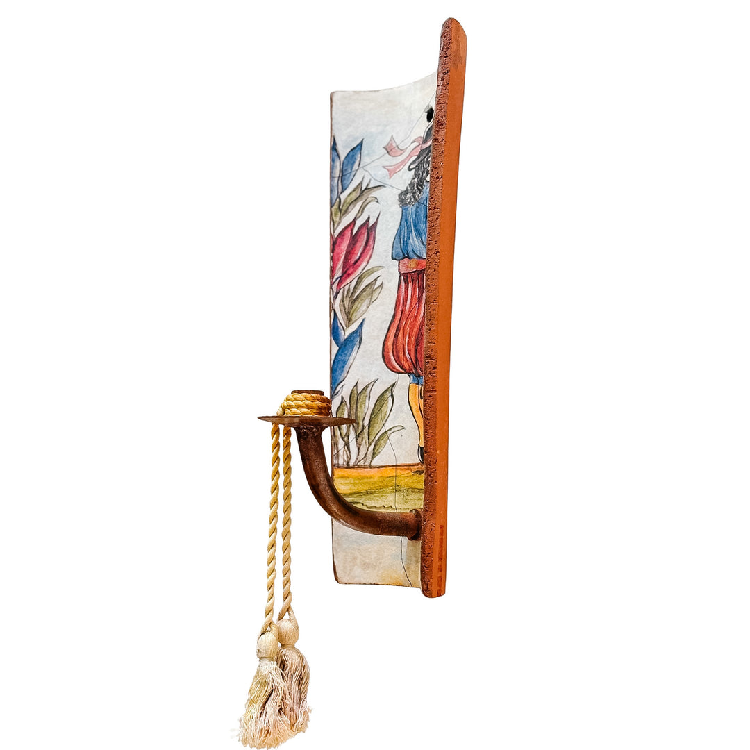 Pair of French Provincial Terracotta Tile Candle Sconces With Breton Folk Figures