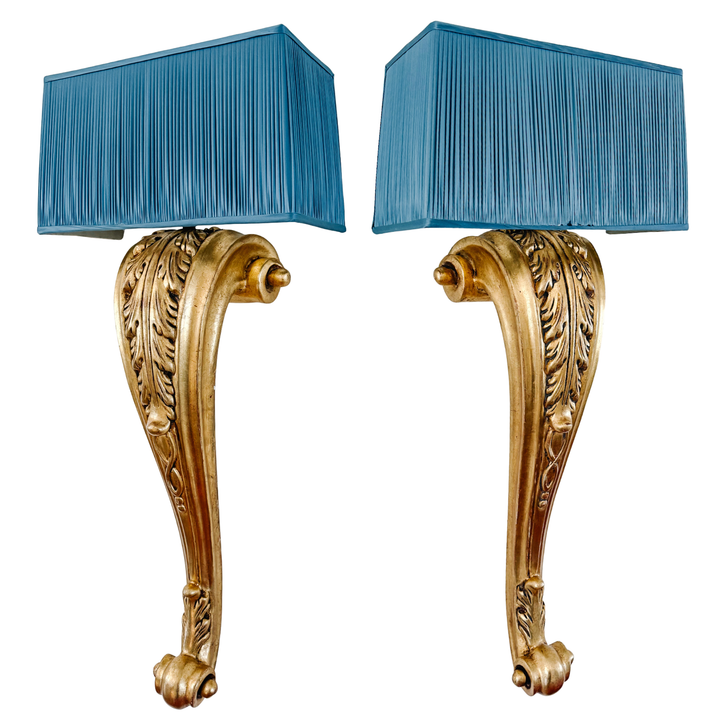 Pair of Grand Scale Parisian Giltwood Corbel Sconces With Blue Pleated Silk Shades