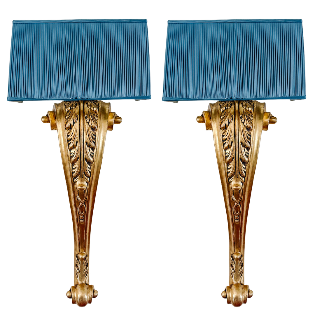 Pair of Grand Scale Parisian Giltwood Corbel Sconces With Blue Pleated Silk Shades