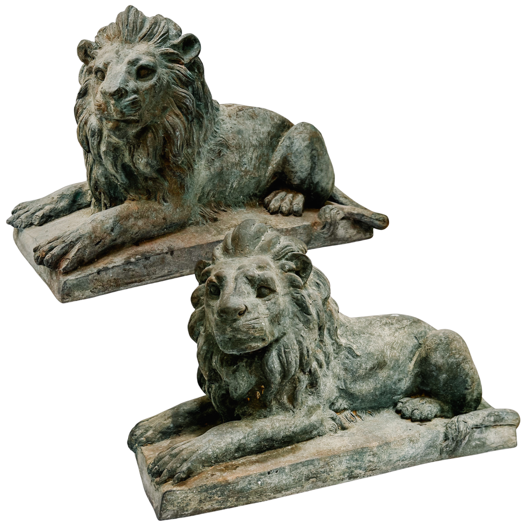 Pair of Grand Scale Continental European Patinated Bronze Recumbent Lions