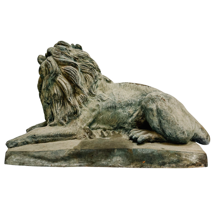 Pair of Grand Scale Continental European Patinated Bronze Recumbent Lions