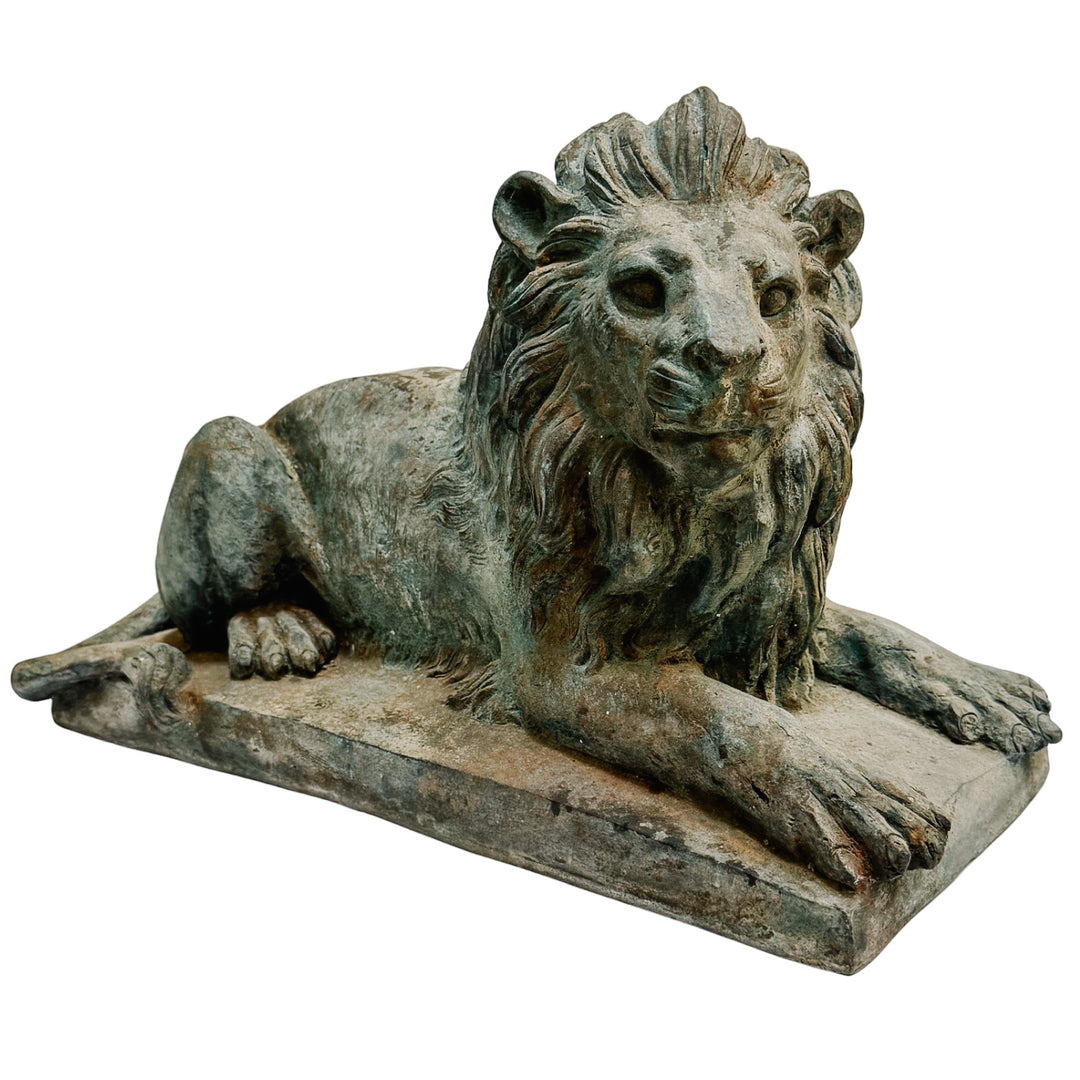 Pair of Grand Scale Continental European Patinated Bronze Recumbent Lions