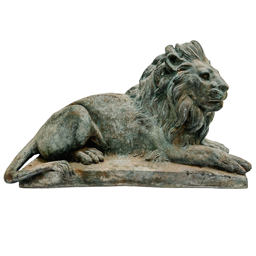 Pair of Grand Scale Continental European Patinated Bronze Recumbent Lions
