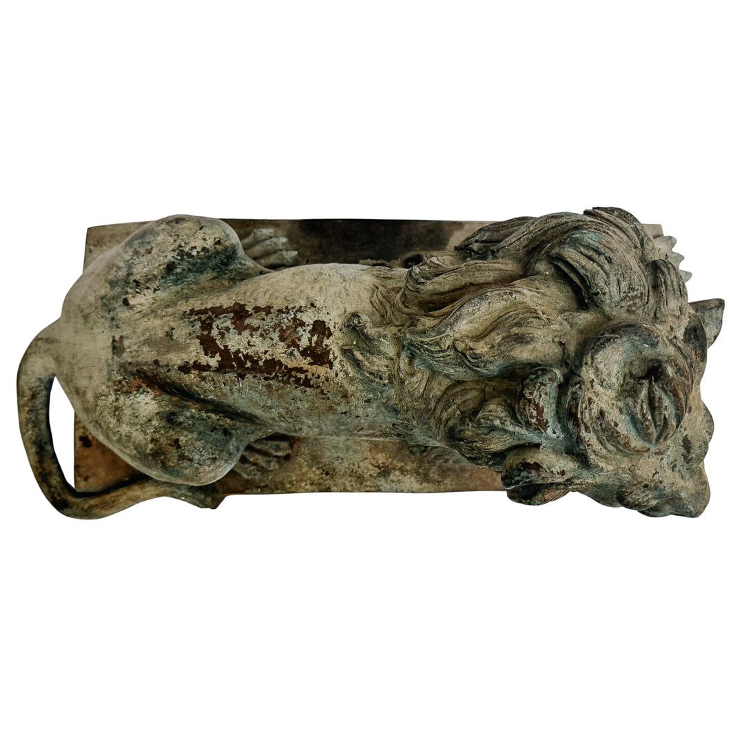 Pair of Grand Scale Continental European Patinated Bronze Recumbent Lions