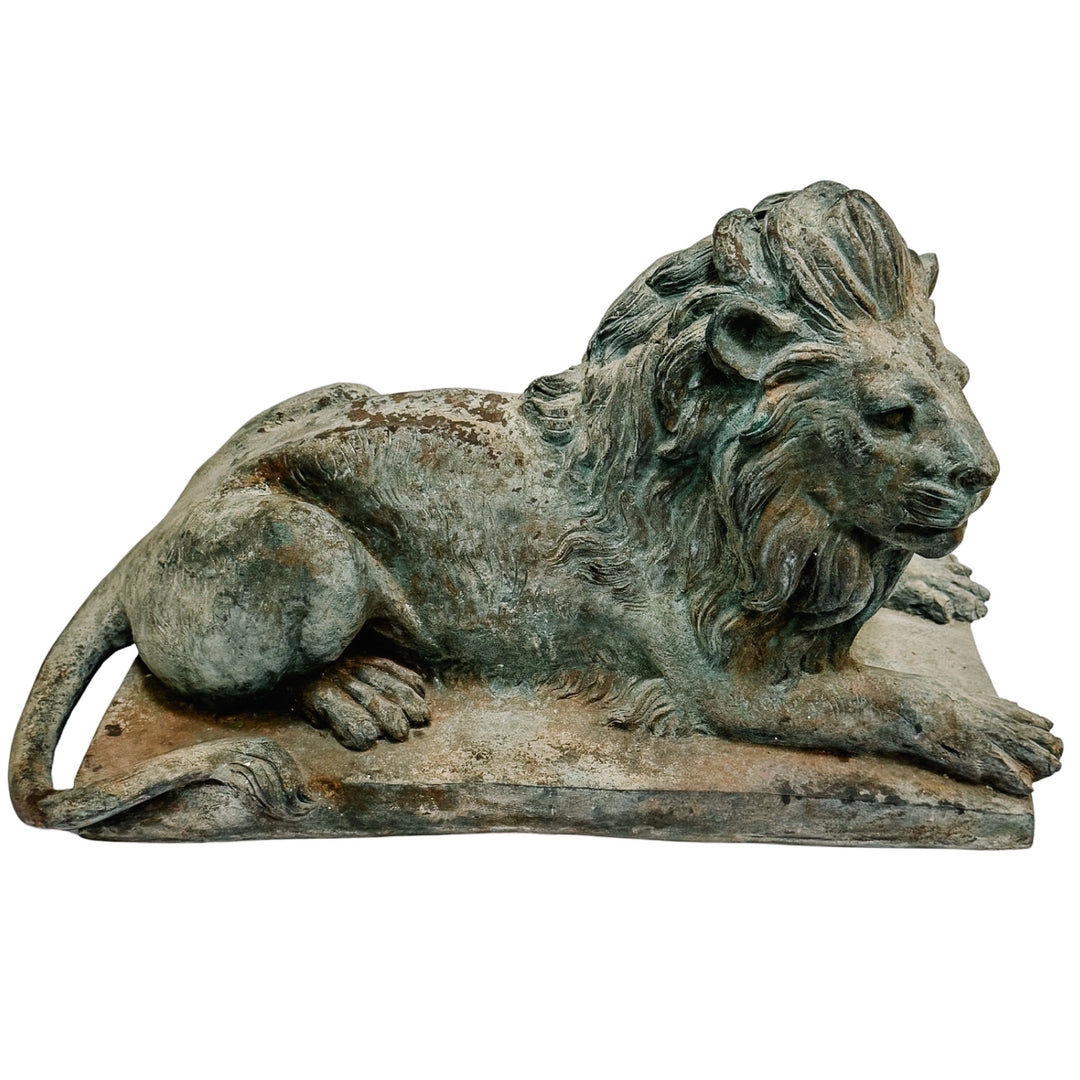 Pair of Grand Scale Continental European Patinated Bronze Recumbent Lions