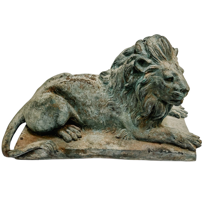 Pair of Grand Scale Continental European Patinated Bronze Recumbent Lions