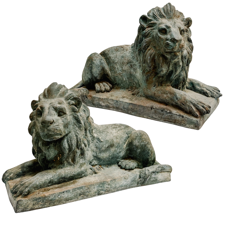 Pair of Grand Scale Continental European Patinated Bronze Recumbent Lions