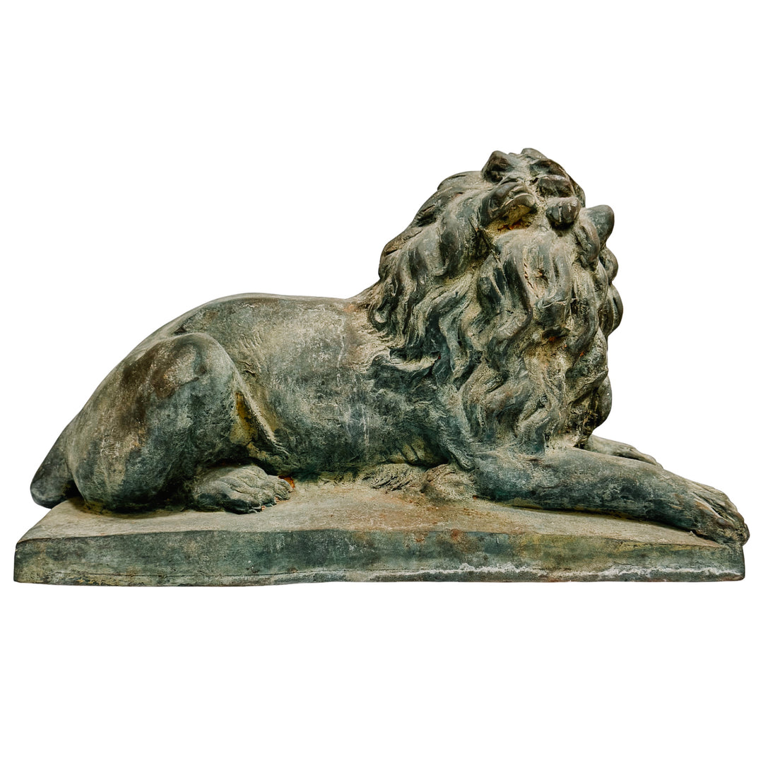 Pair of Grand Scale Continental European Patinated Bronze Recumbent Lions