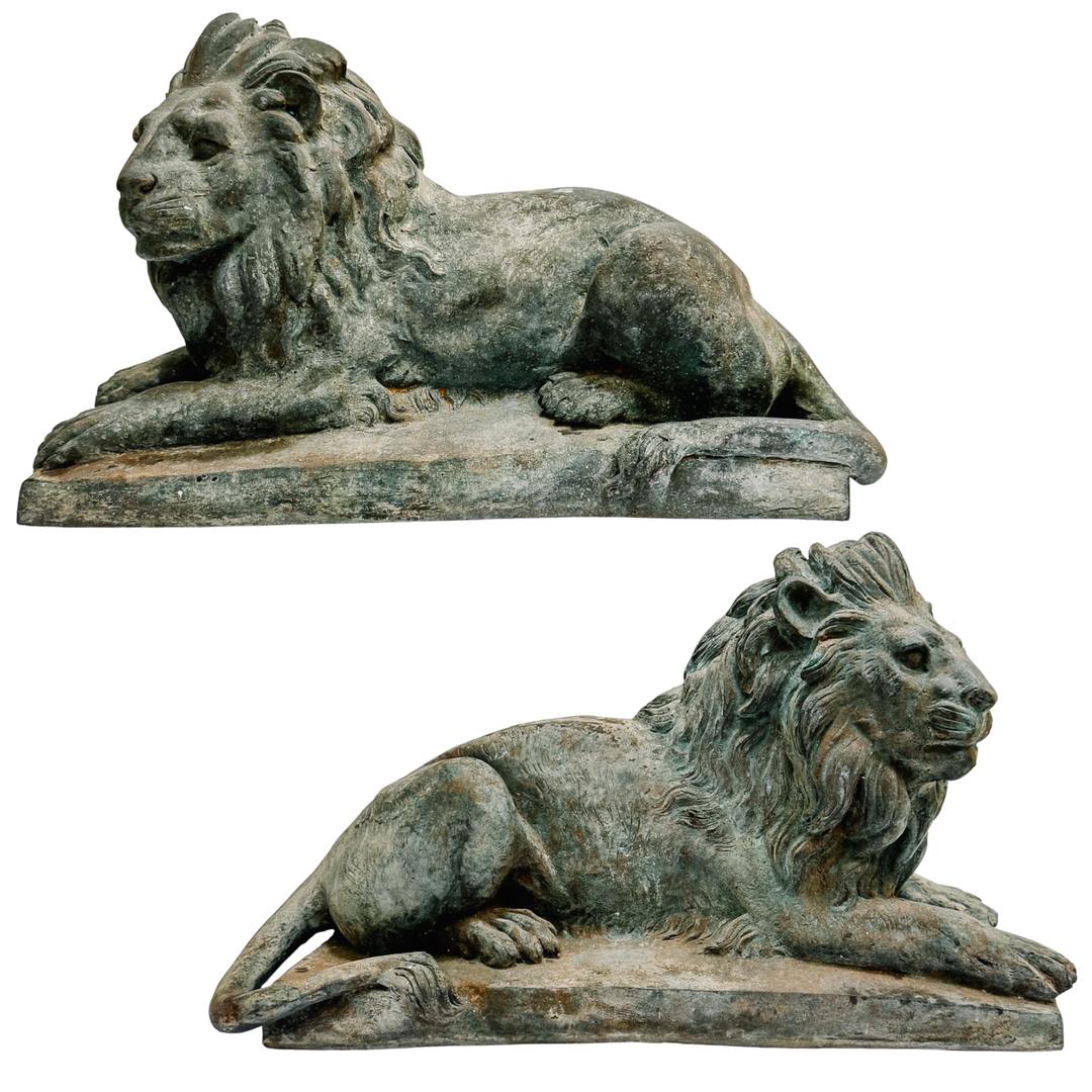 Pair of Grand Scale Continental European Patinated Bronze Recumbent Lions