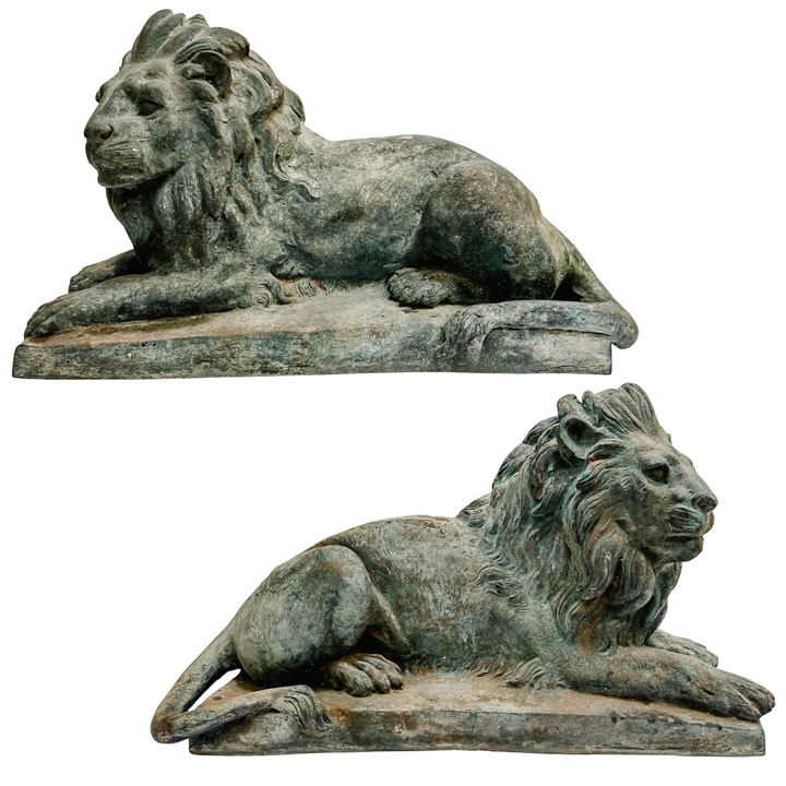 Pair of Grand Scale Continental European Patinated Bronze Recumbent Lions