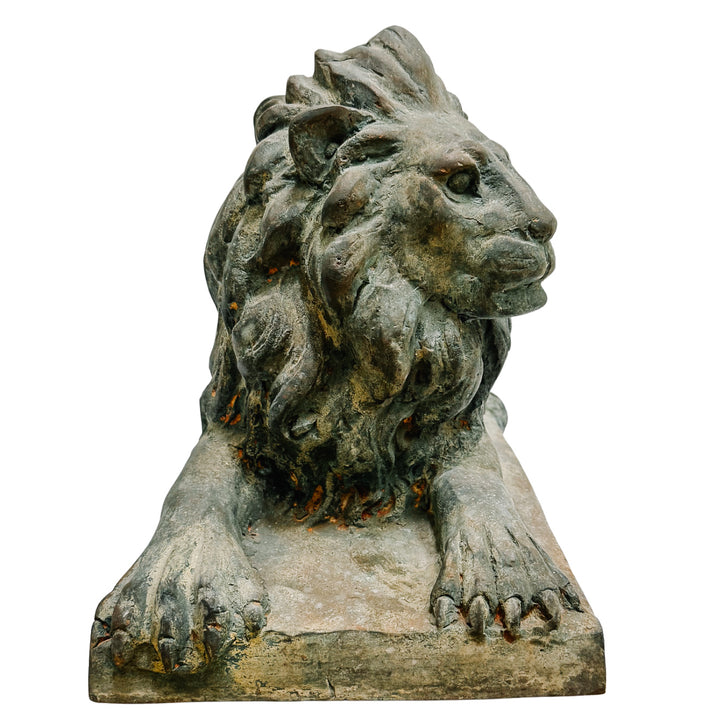 Pair of Grand Scale Continental European Patinated Bronze Recumbent Lions