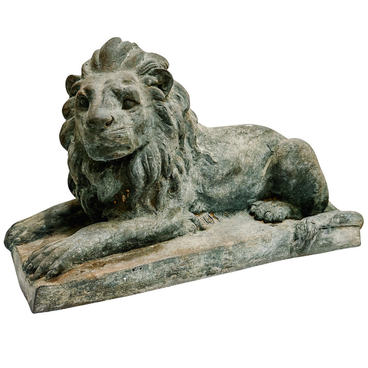 Pair of Grand Scale Continental European Patinated Bronze Recumbent Lions