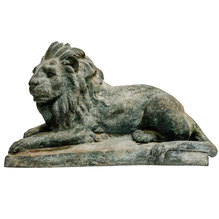 Pair of Grand Scale Continental European Patinated Bronze Recumbent Lions