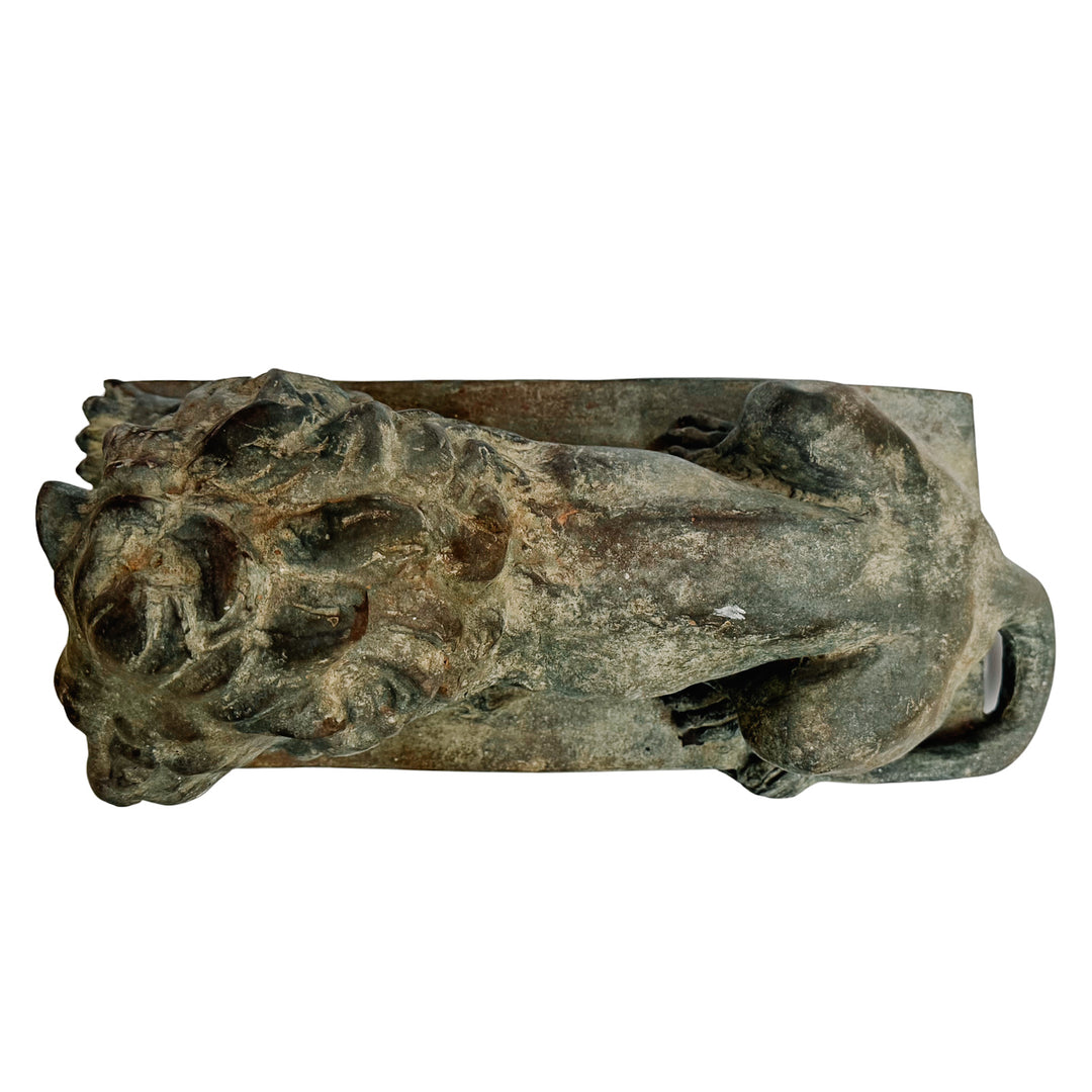 Pair of Grand Scale Continental European Patinated Bronze Recumbent Lions
