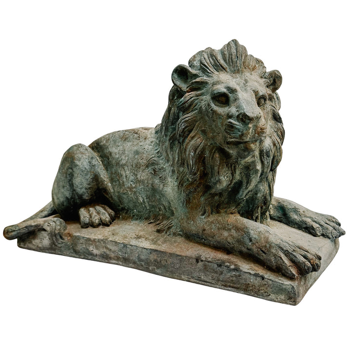 Pair of Grand Scale Continental European Patinated Bronze Recumbent Lions