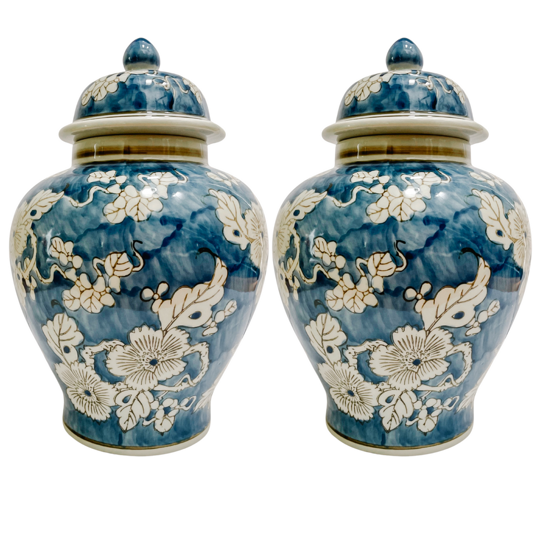 Pair of Indigo Blue & White Scrolling Floral Ginger Jars