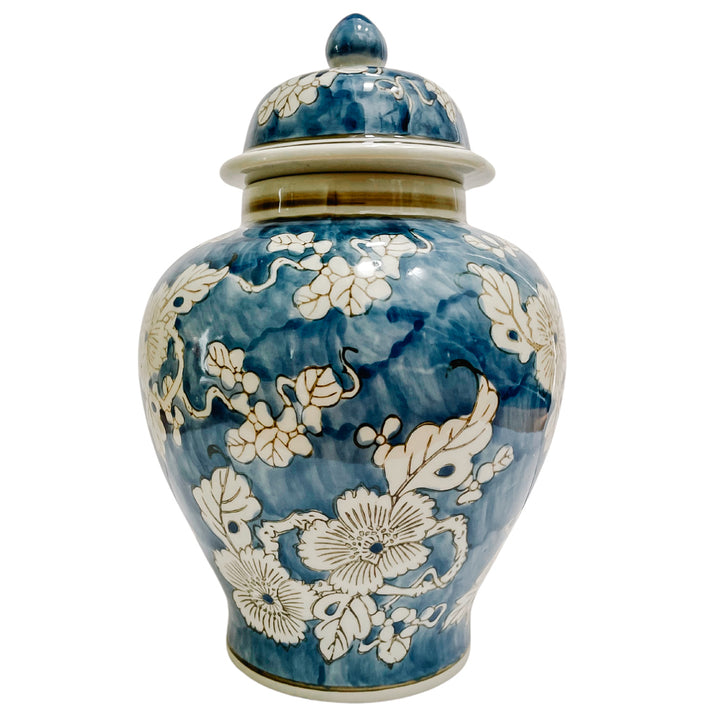 Pair of Indigo Blue & White Scrolling Floral Ginger Jars