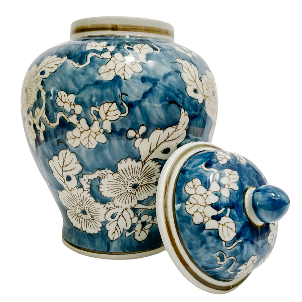 Pair of Indigo Blue & White Scrolling Floral Ginger Jars