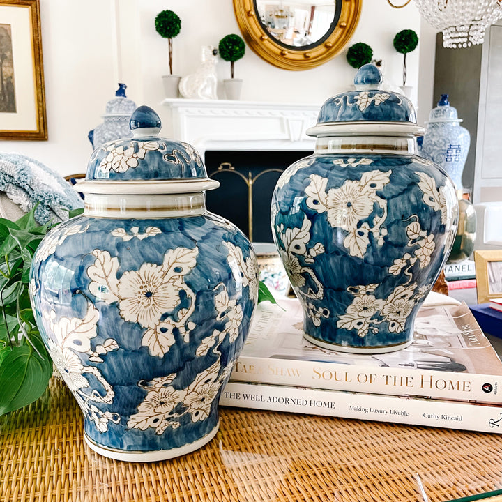 Pair of Indigo Blue & White Scrolling Floral Ginger Jars