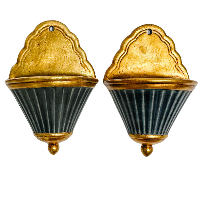 Pair of Italian Neoclassical Painted and Parcel-Gilt Fluted Wall Pockets