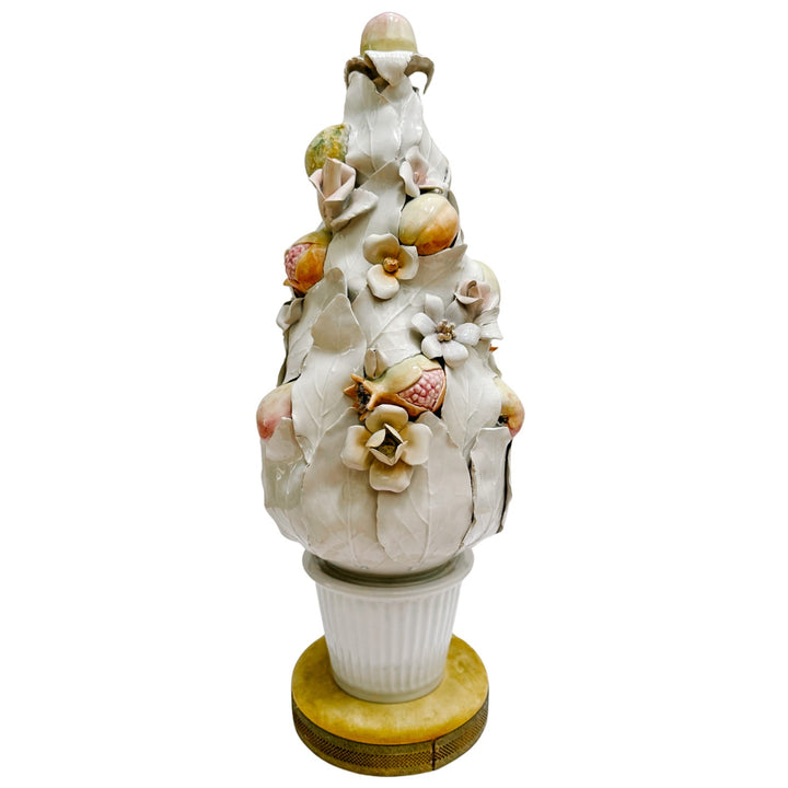 Pair of Italian Porcelain White Leaf & Pastel Fruit Topiaries / Table Lamps