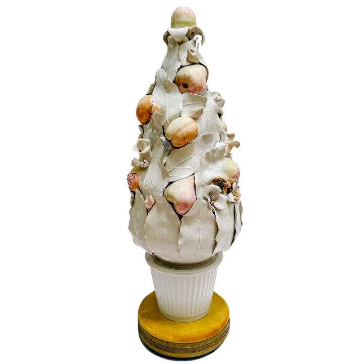Pair of Italian Porcelain White Leaf & Pastel Fruit Topiaries / Table Lamps