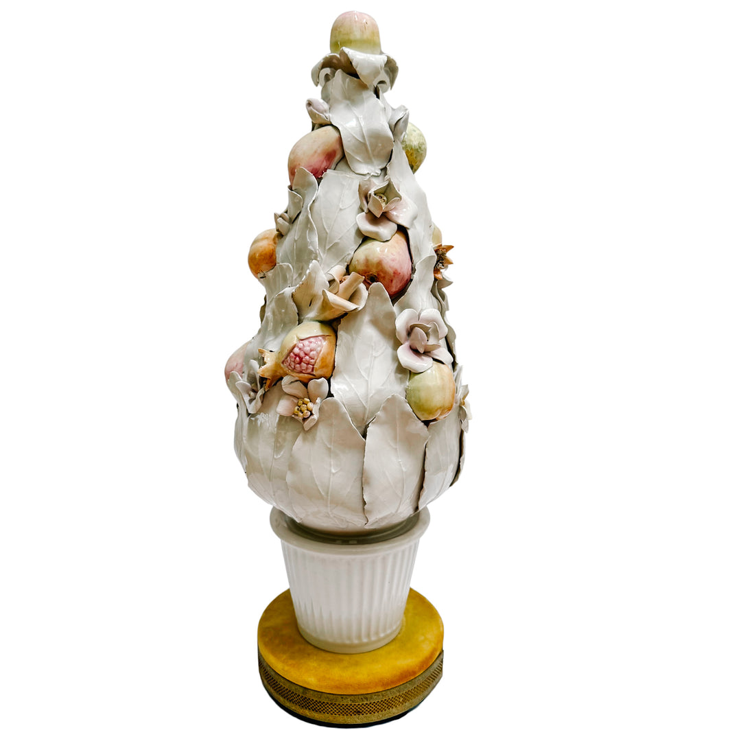 Pair of Italian Porcelain White Leaf & Pastel Fruit Topiaries / Table Lamps