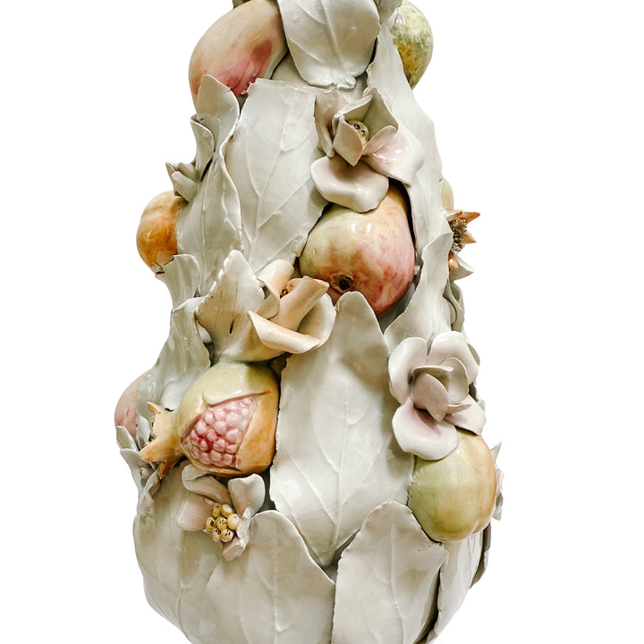 Pair of Italian Porcelain White Leaf & Pastel Fruit Topiaries / Table Lamps