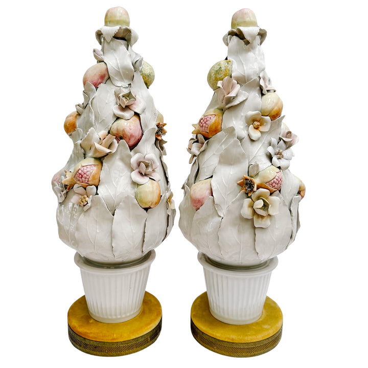 Pair of Italian Porcelain White Leaf & Pastel Fruit Topiaries / Table Lamps