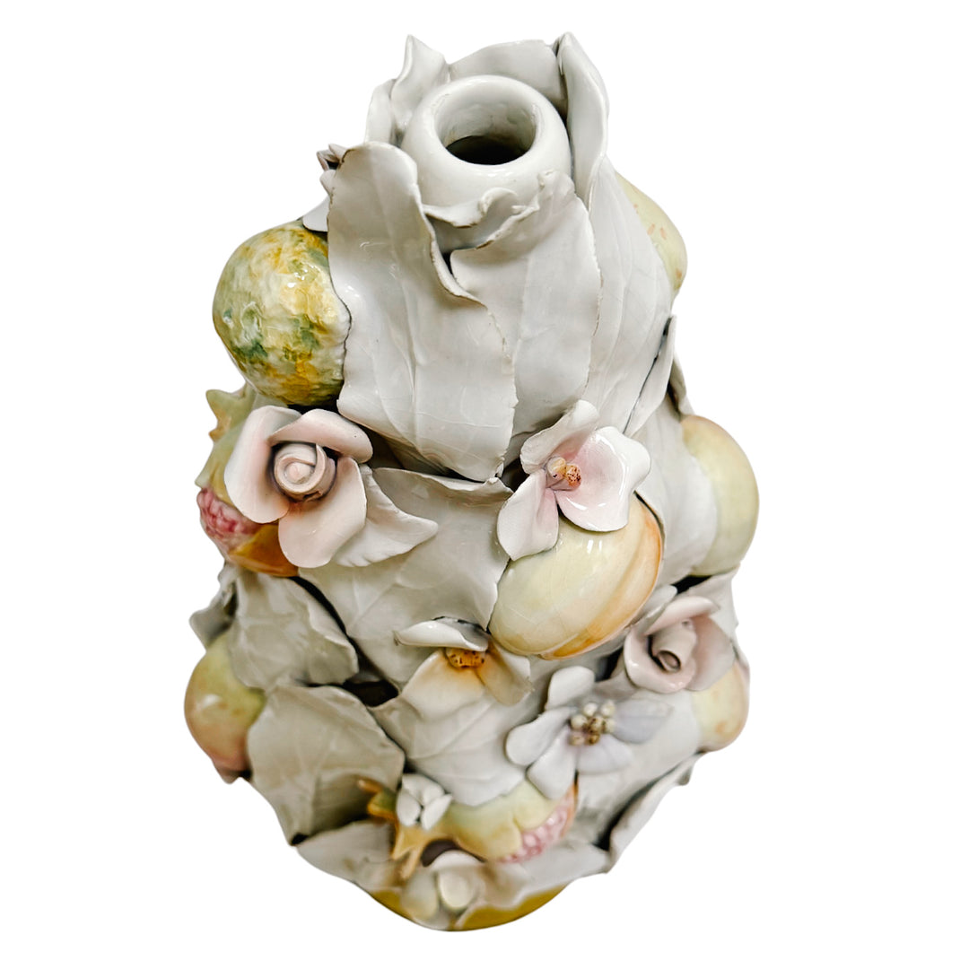 Pair of Italian Porcelain White Leaf & Pastel Fruit Topiaries / Table Lamps