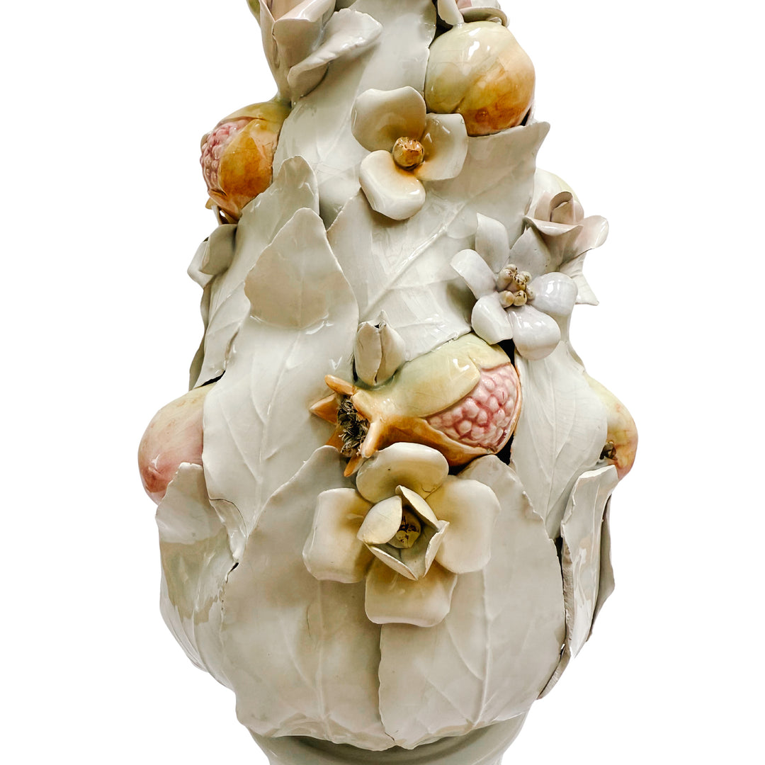 Pair of Italian Porcelain White Leaf & Pastel Fruit Topiaries / Table Lamps