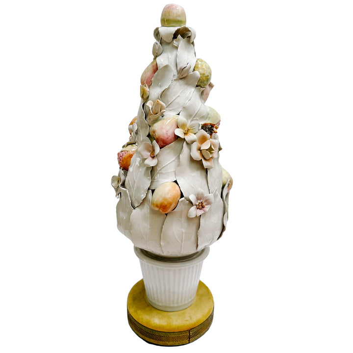 Pair of Italian Porcelain White Leaf & Pastel Fruit Topiaries / Table Lamps