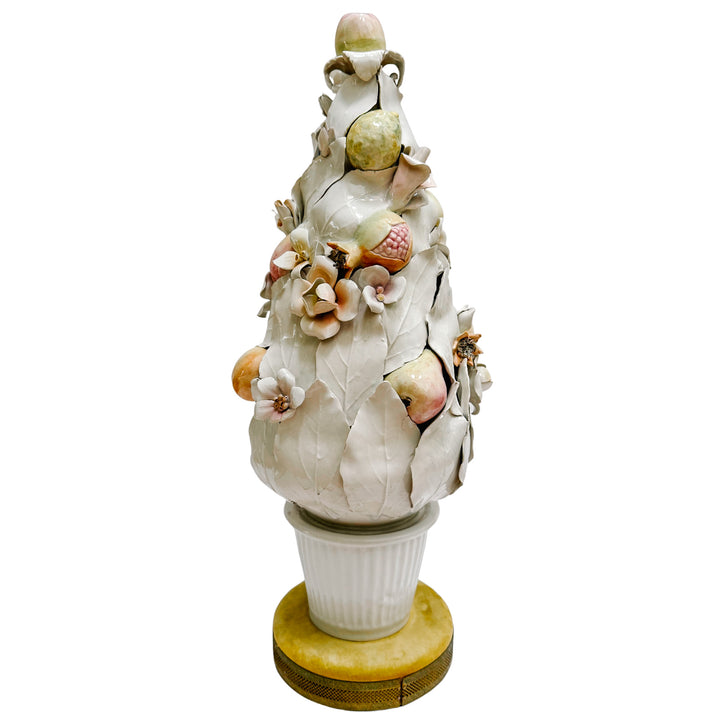 Pair of Italian Porcelain White Leaf & Pastel Fruit Topiaries / Table Lamps