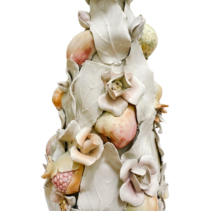 Pair of Italian Porcelain White Leaf & Pastel Fruit Topiaries / Table Lamps