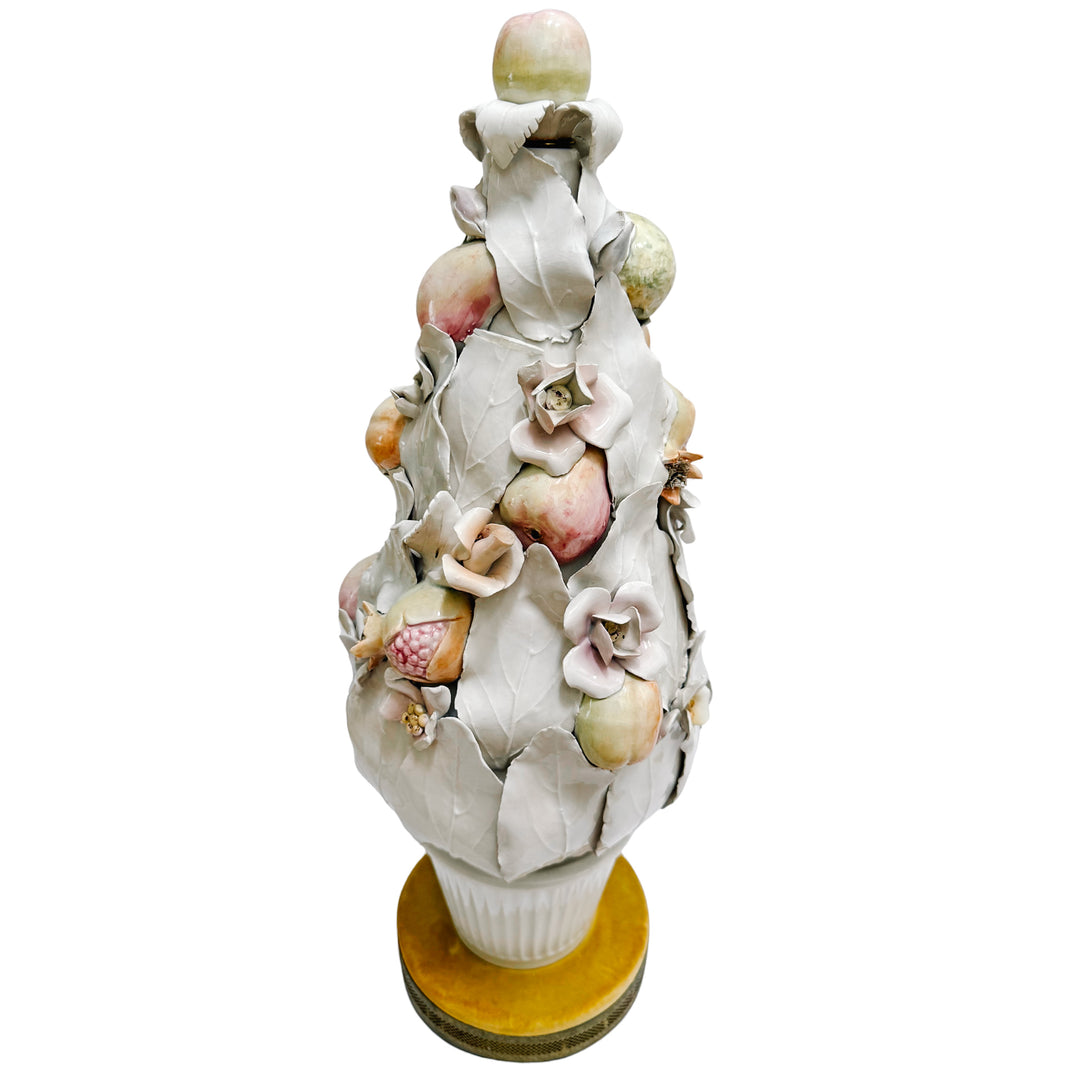 Pair of Italian Porcelain White Leaf & Pastel Fruit Topiaries / Table Lamps